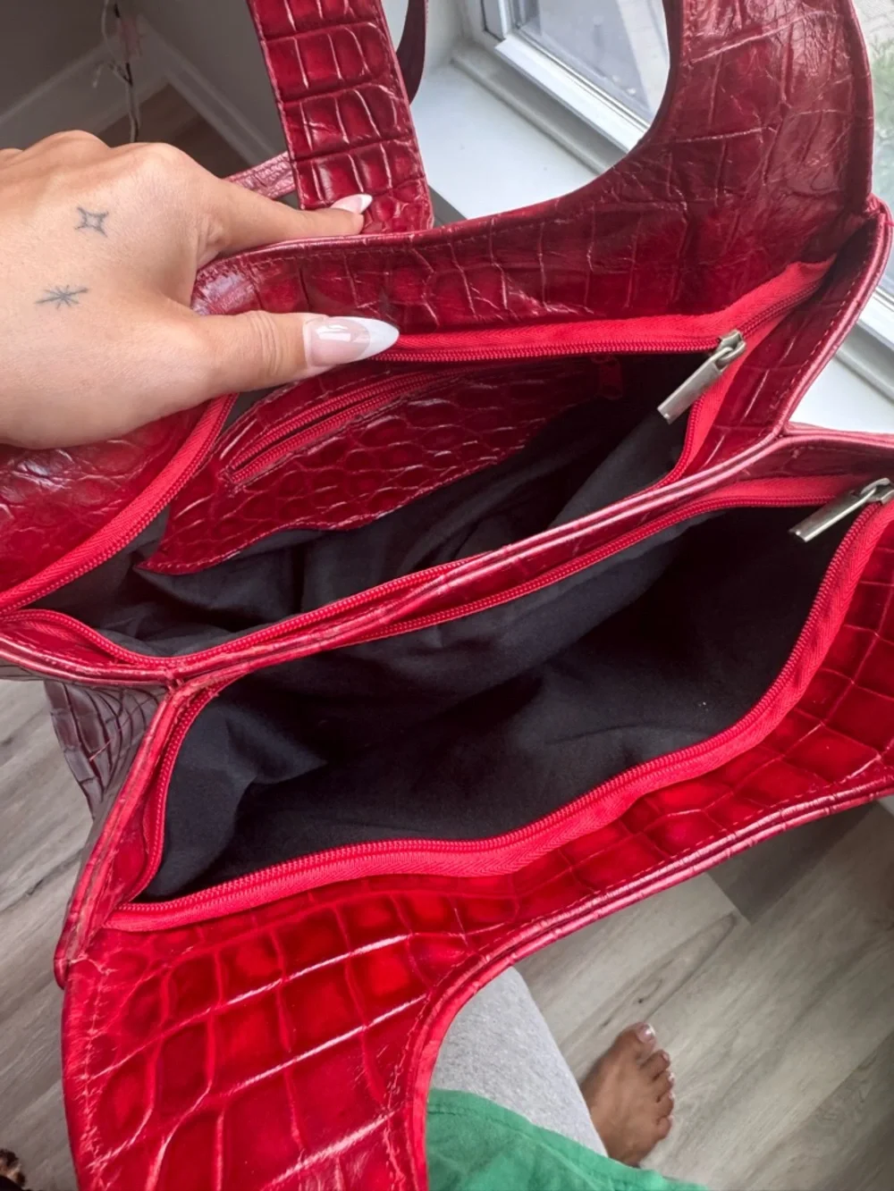 Red Croc-Embossed Shoulder Bag